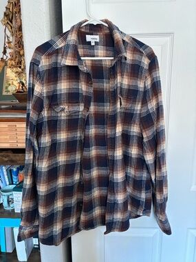 Sonoma Plaid Button-Up Shirt Jacket in Navy, Brown, Cream